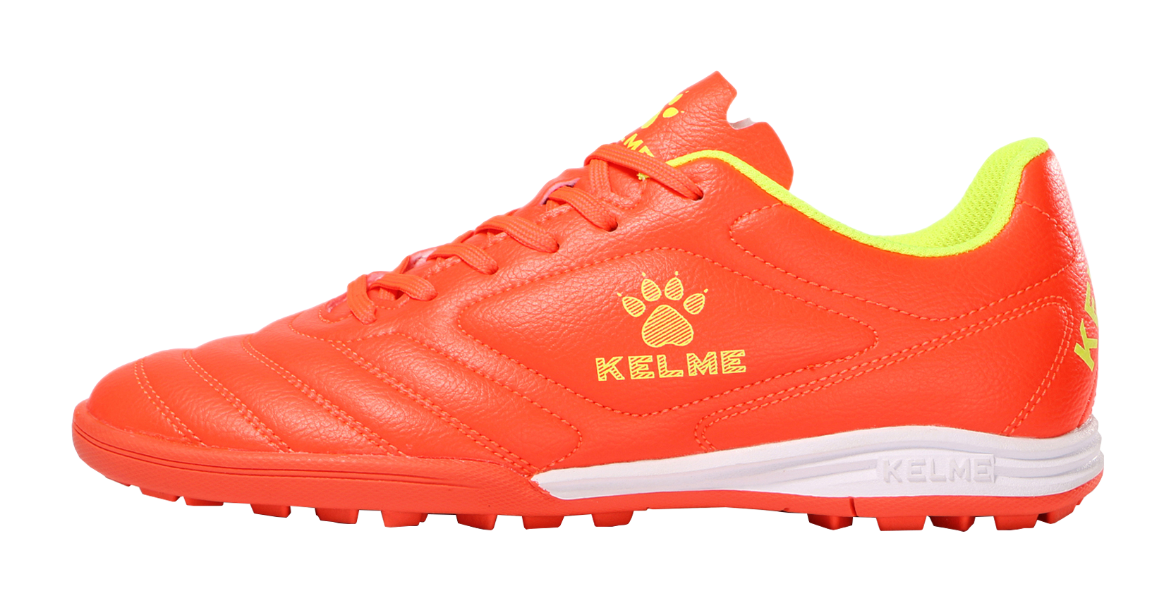 Orange unisex training soccer shoes with lace-up front and KELME logo, synthetic upper