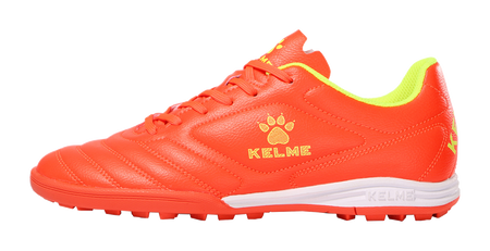 Orange unisex training soccer shoes with lace-up front and KELME logo, synthetic upper