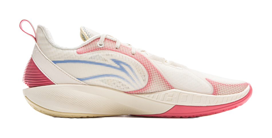 Cream low-top basketball sneakers with pink-and-blue side panel and lace-up.