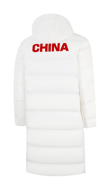 Ivory unisex hooded long puffer down jacket, back print 'CHINA'