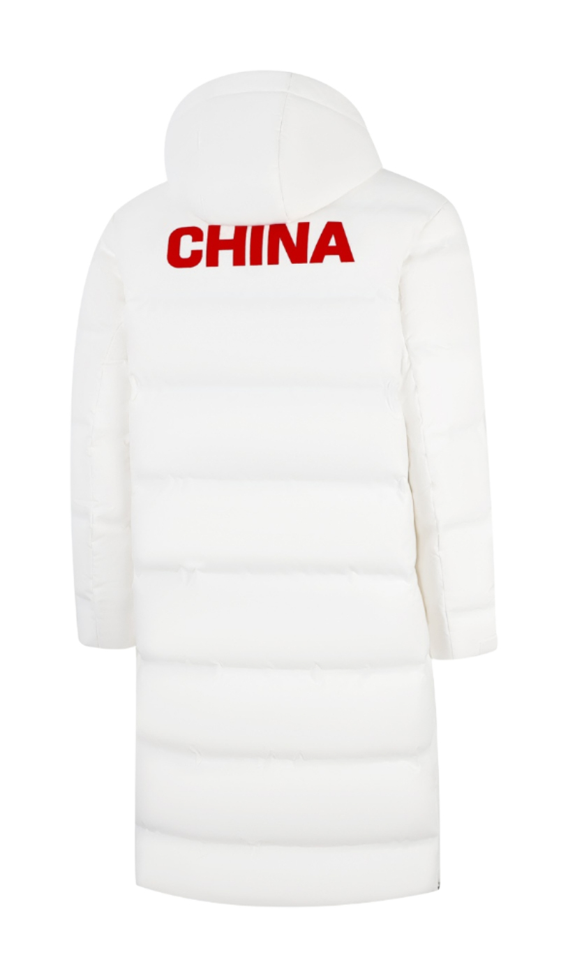 Ivory unisex hooded long puffer down jacket, back print 'CHINA'