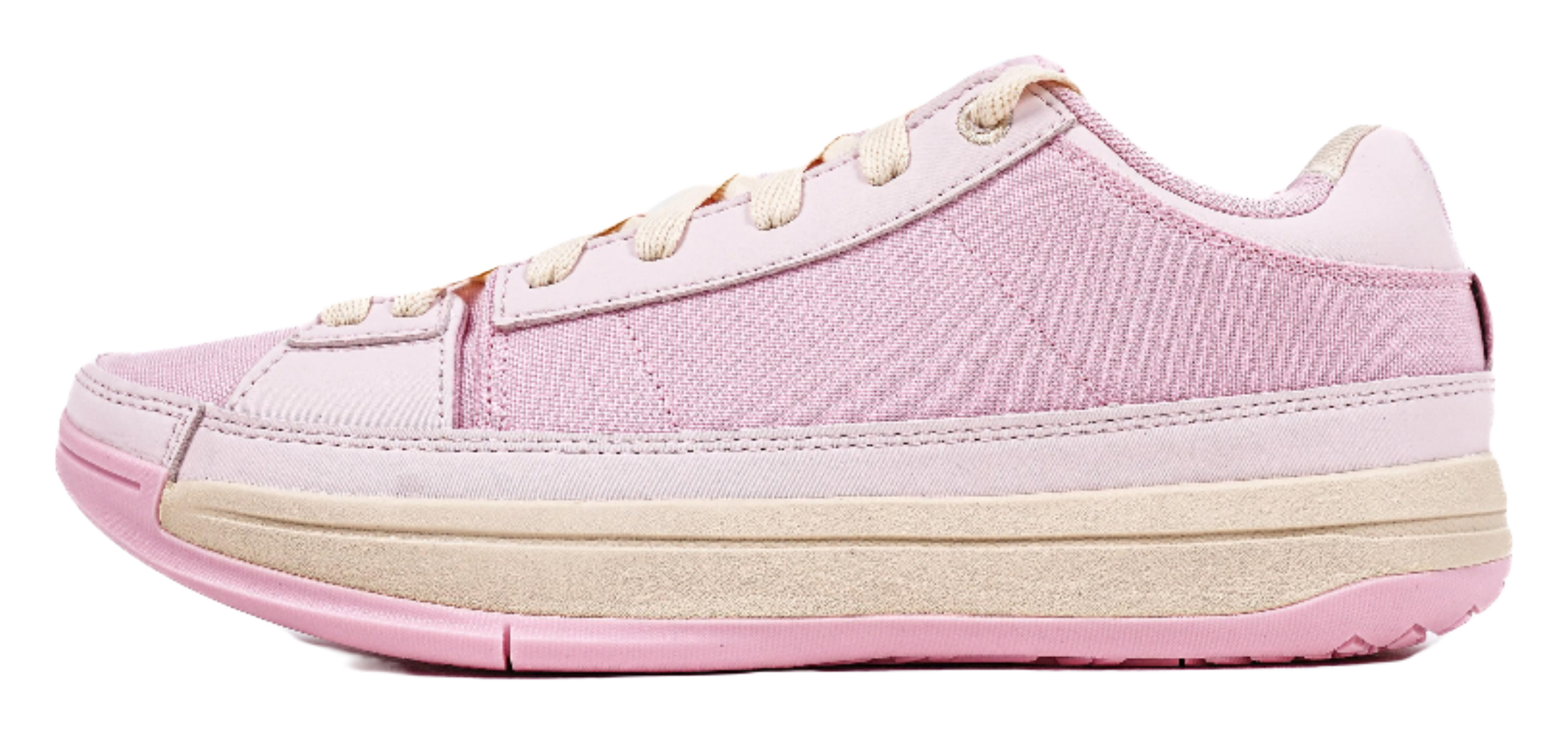 Pink lace-up basketball sneakers with canvas upper and beige midsole