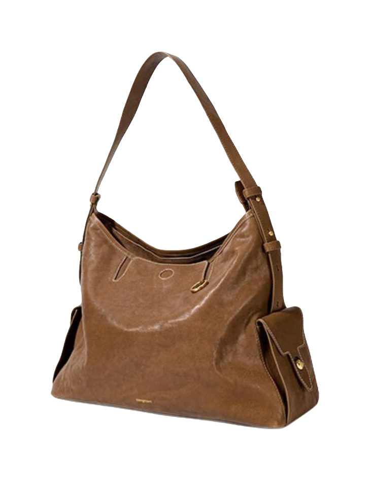 Brown leather hobo shoulder bag with top handle, crossbody strap, and gold hardware