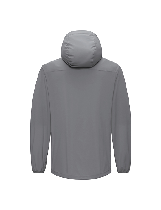 Men's hooded sun jacket, light gray, back view with padded hood