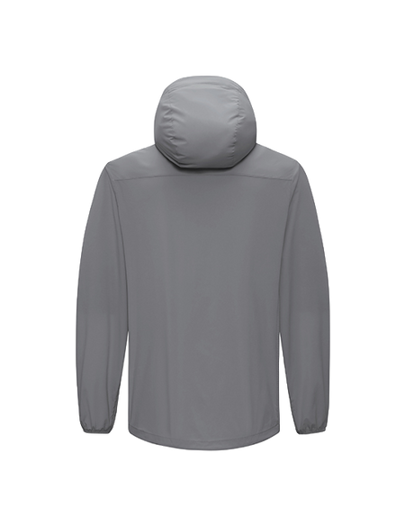 Men's hooded sun jacket, light gray, back view with padded hood