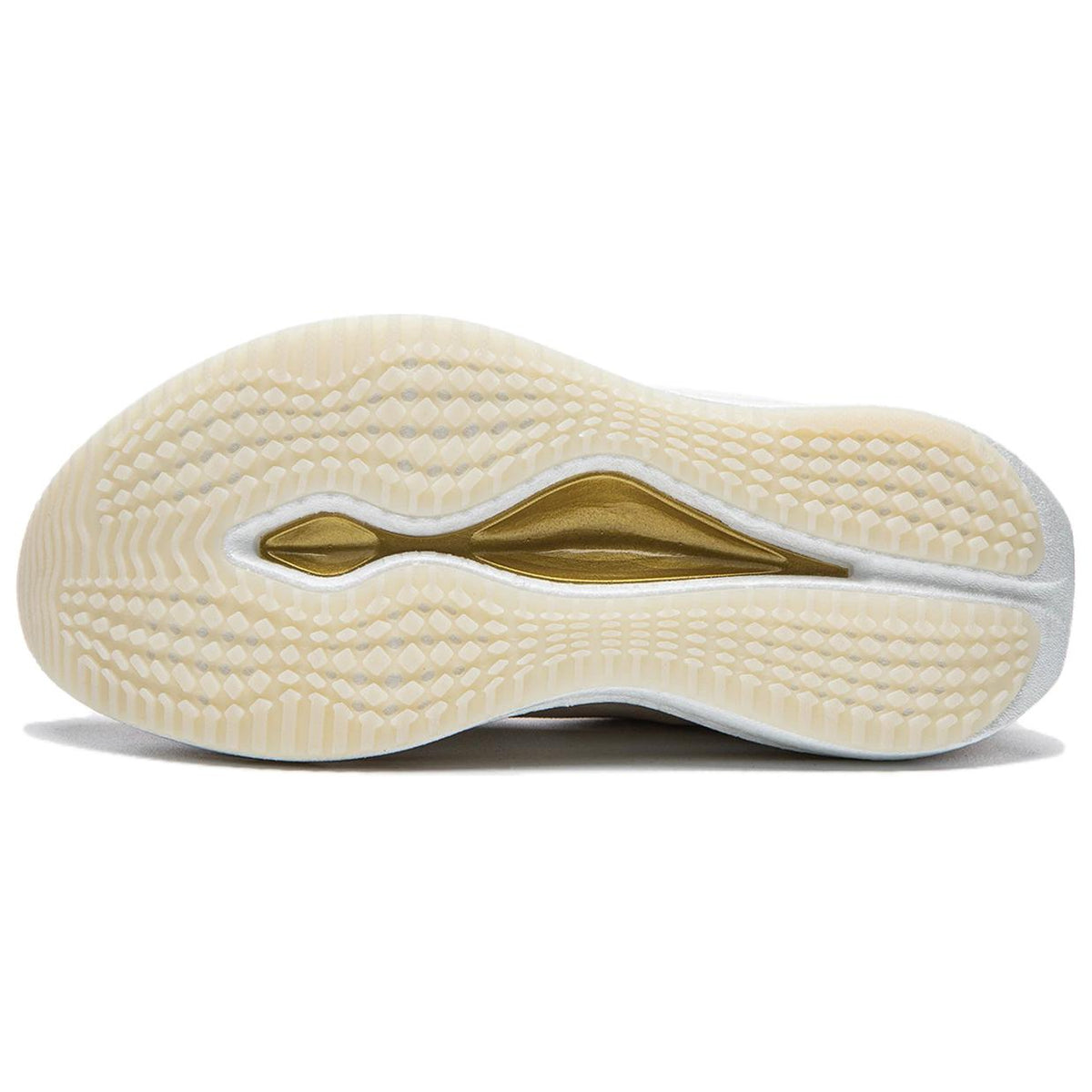 Running shoe outsole in light beige with patterned tread and gold logo stripe.