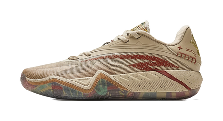 Khaki basketball shoe with lace-up front and sculpted midsole, side view