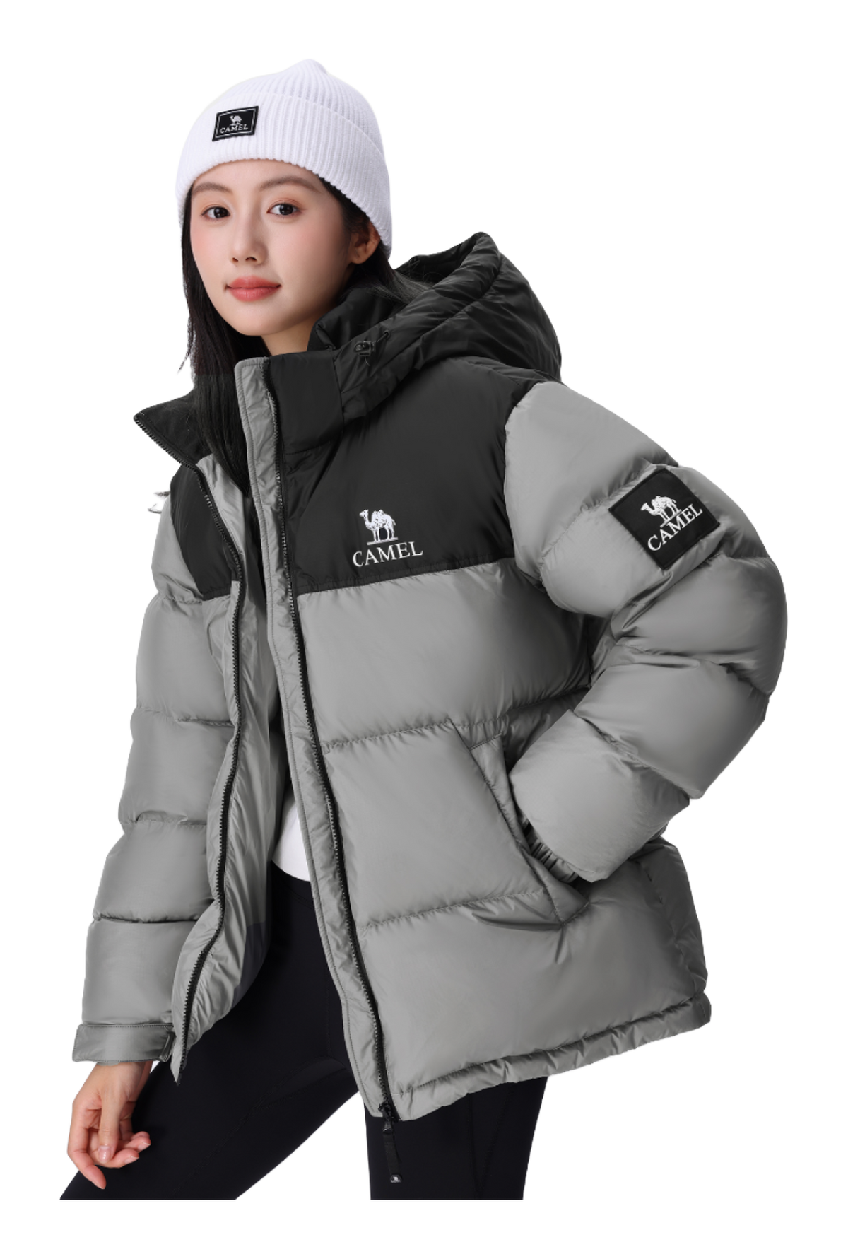 Unisex down puffer jacket, light gray with black hood trim and CAMEL sleeve logo