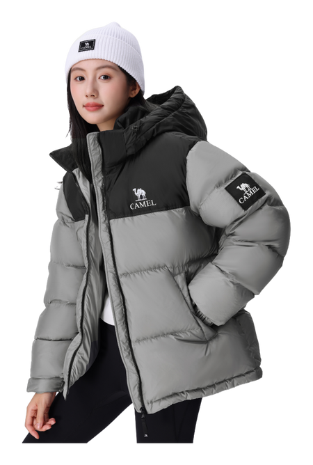 Unisex down puffer jacket, light gray with black hood trim and CAMEL sleeve logo