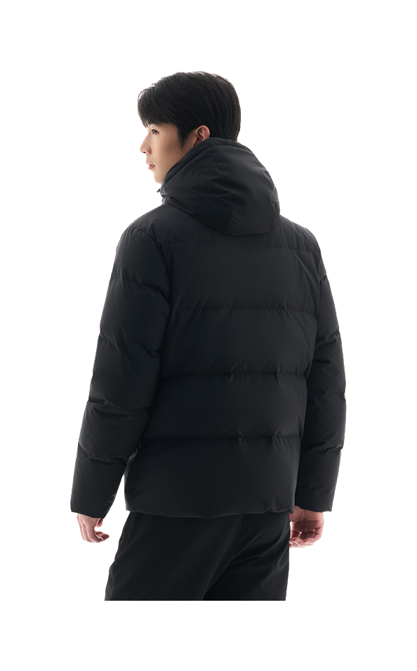 Men's black hooded puffer down jacket, side/back profile with zip front