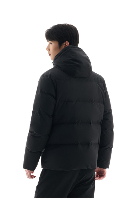Men's black hooded puffer down jacket, side/back profile with zip front