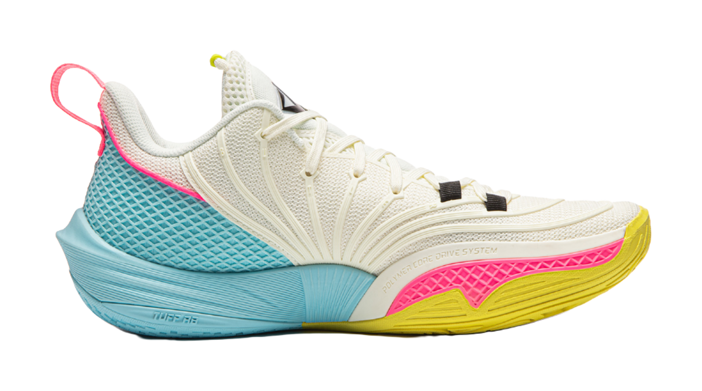 White basketball shoe with blue textured midsole, pink detailing, lace-up sneaker design.