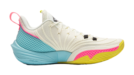White basketball shoe with blue textured midsole, pink detailing, lace-up sneaker design.