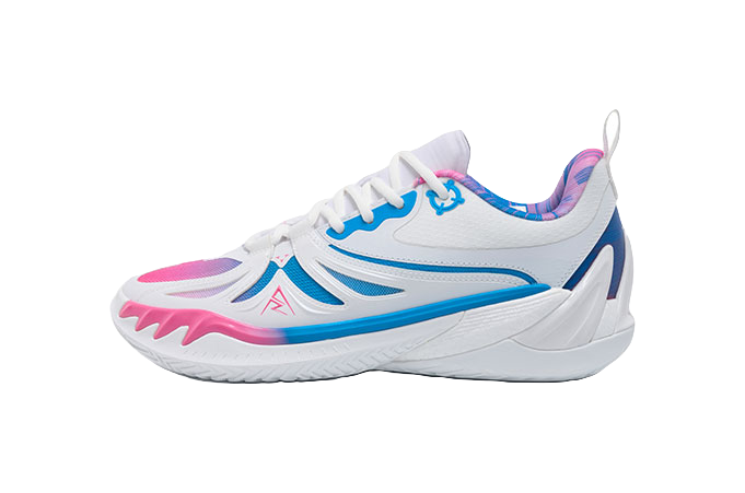 White basketball shoes with blue and pink accents, lace-up design and padded collar