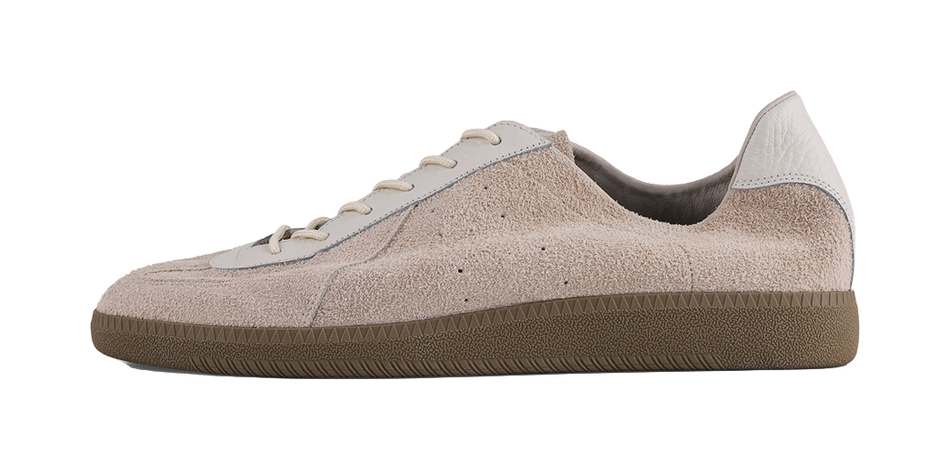 Khaki suede low-top sneakers, side view, with white lace panels and rubber sole