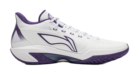 Low-top basketball shoe, white upper with purple heel and side logo, lace-up.