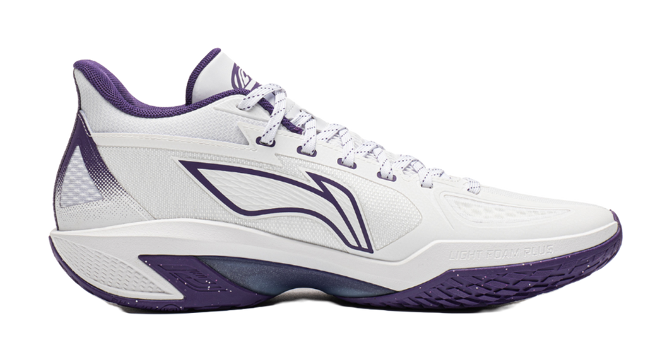 Low-top basketball shoe, white upper with purple heel and side logo, lace-up.