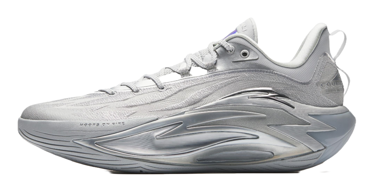 Metallic grey basketball shoe, lace-up upper with sculpted midsole, side front view