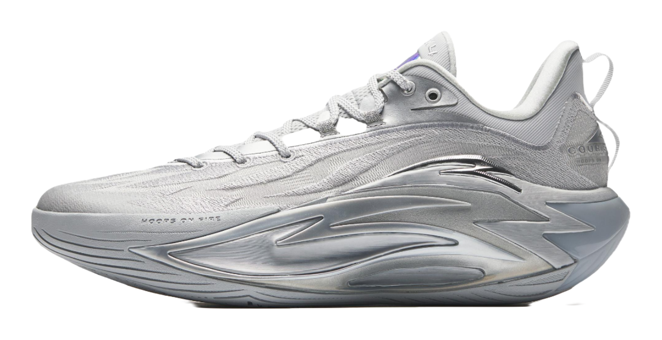 Metallic grey basketball shoe, lace-up upper with sculpted midsole, side front view