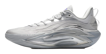 Metallic grey basketball shoe, lace-up upper with sculpted midsole, side front view