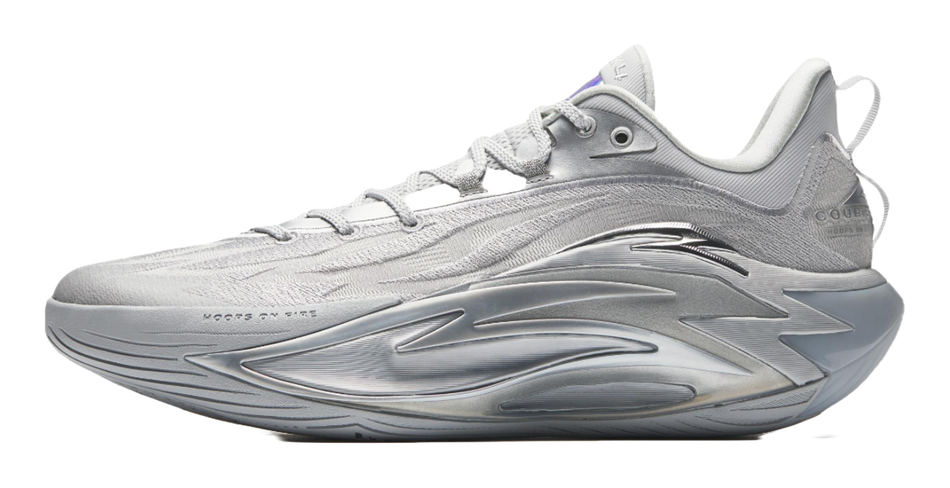 Metallic grey basketball shoe, lace-up upper with sculpted midsole, side front view