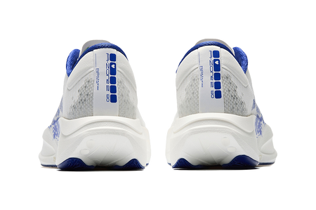 Rear view of white-and-blue low-top running sneakers with heel branding and tabs
