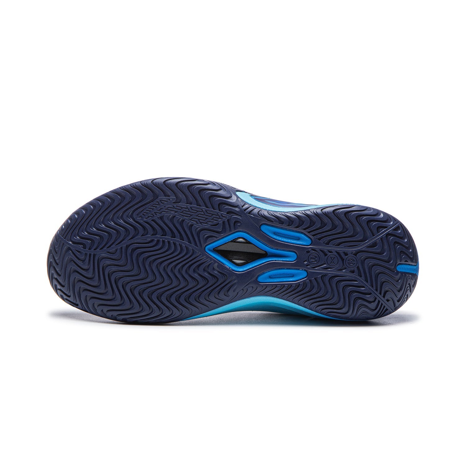 Basketball shoe outsole view with dark tread pattern and blue traction accents