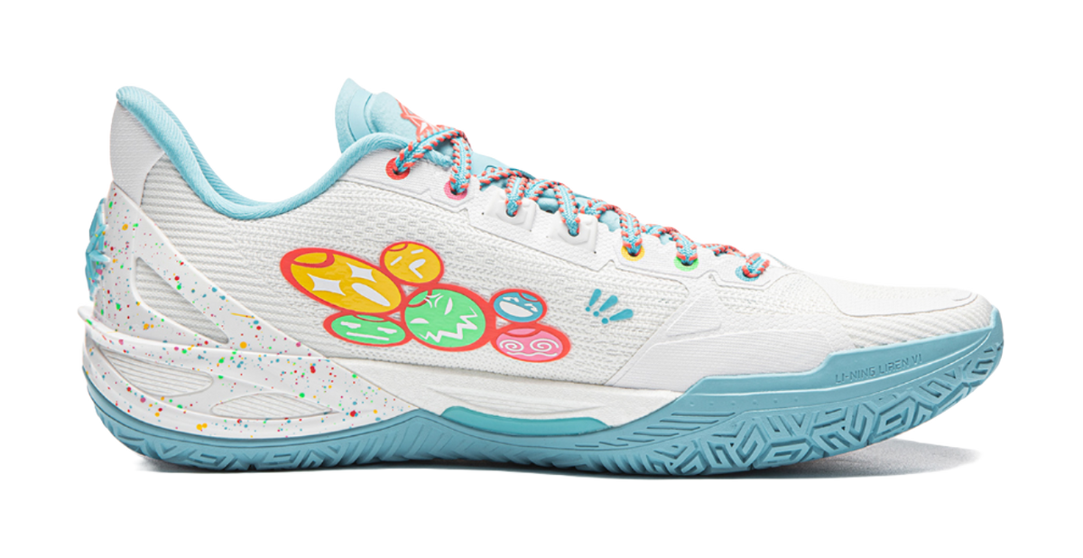 Basketball shoe, white upper with colorful graphic accents and light-blue outsole