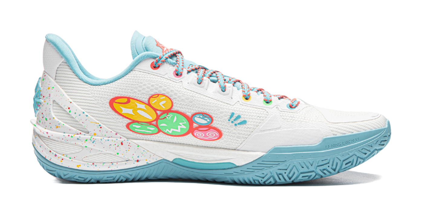 Basketball shoe, white upper with colorful graphic accents and light-blue outsole