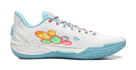 Basketball shoe, white upper with colorful graphic accents and light-blue outsole