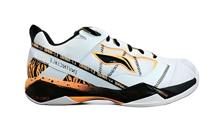 Men's white badminton shoe, side view, tiger pattern panel with orange and black details