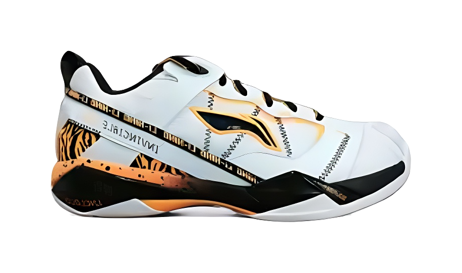 Men's white badminton shoe, side view, tiger pattern panel with orange and black details