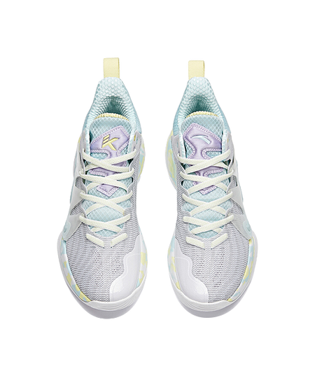 Pair of light blue, white, and lavender lace-up sneakers with cushioned tongue
