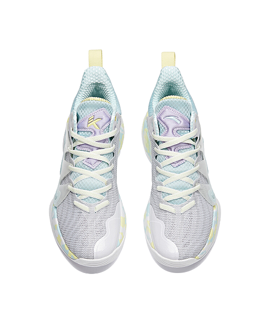 Pair of light blue, white, and lavender lace-up sneakers with cushioned tongue