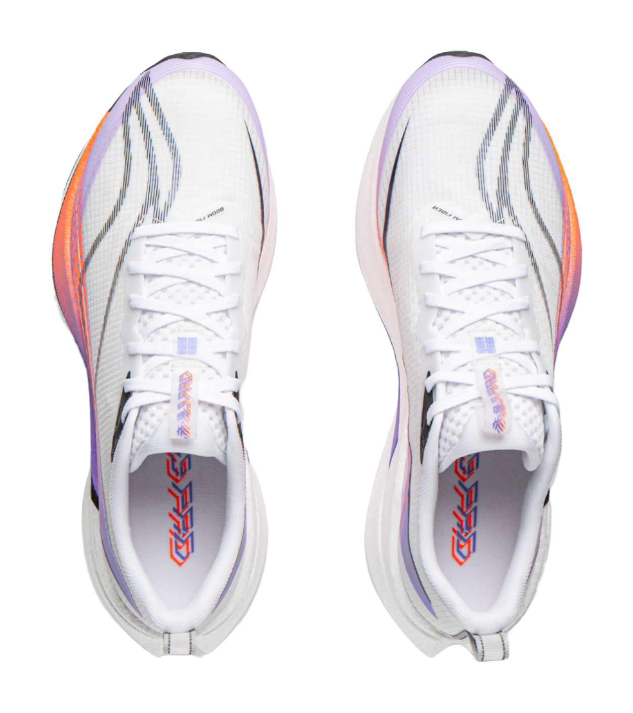 White running shoes front view with purple edge trim and white lace-up closure