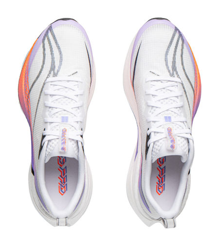 White running shoes front view with purple edge trim and white lace-up closure