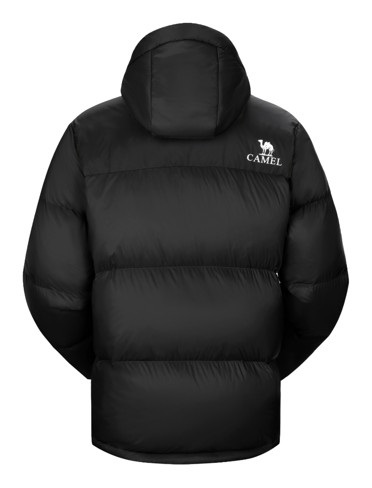 Black hooded puffer jacket with CAMEL logo on chest, full zip front.
