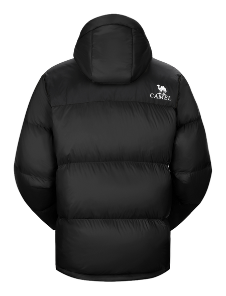 Black hooded puffer jacket with CAMEL logo on chest, full zip front.