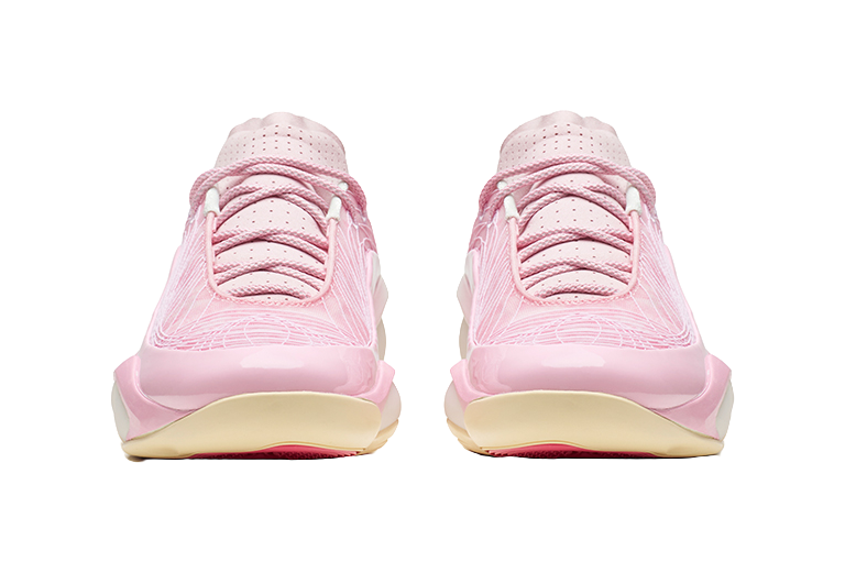 Men's bubble gum pink basketball shoes, front lace-up view