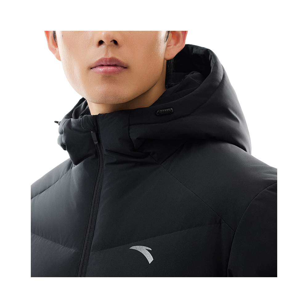 Men's black down jacket hood and zipper at the collar with chest logo
