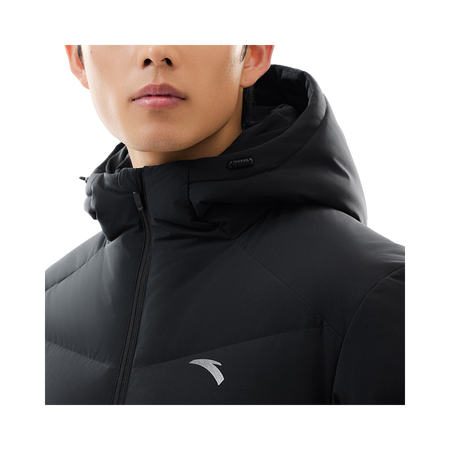 Men's black down jacket hood and zipper at the collar with chest logo