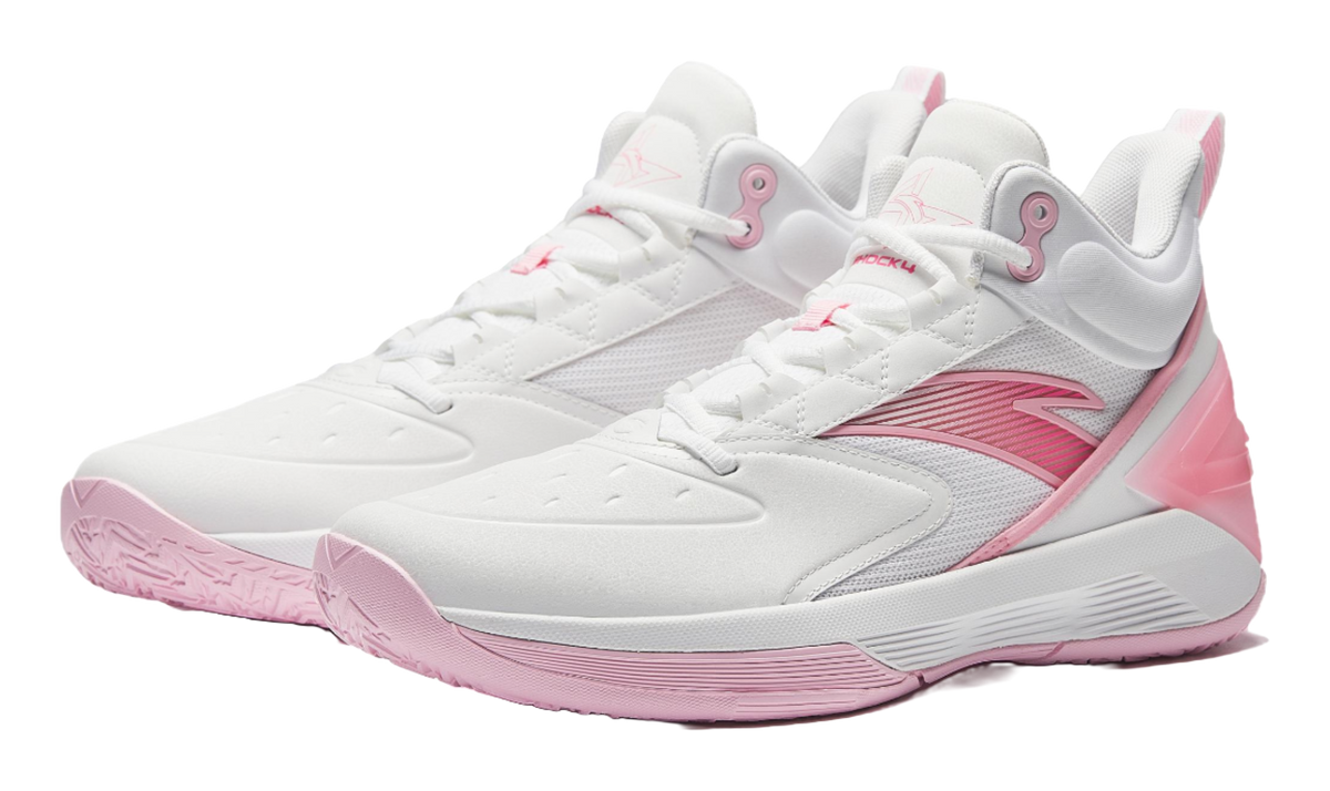 Pair of white and pink high-top basketball shoes with lace-up eyelets and rubber sole