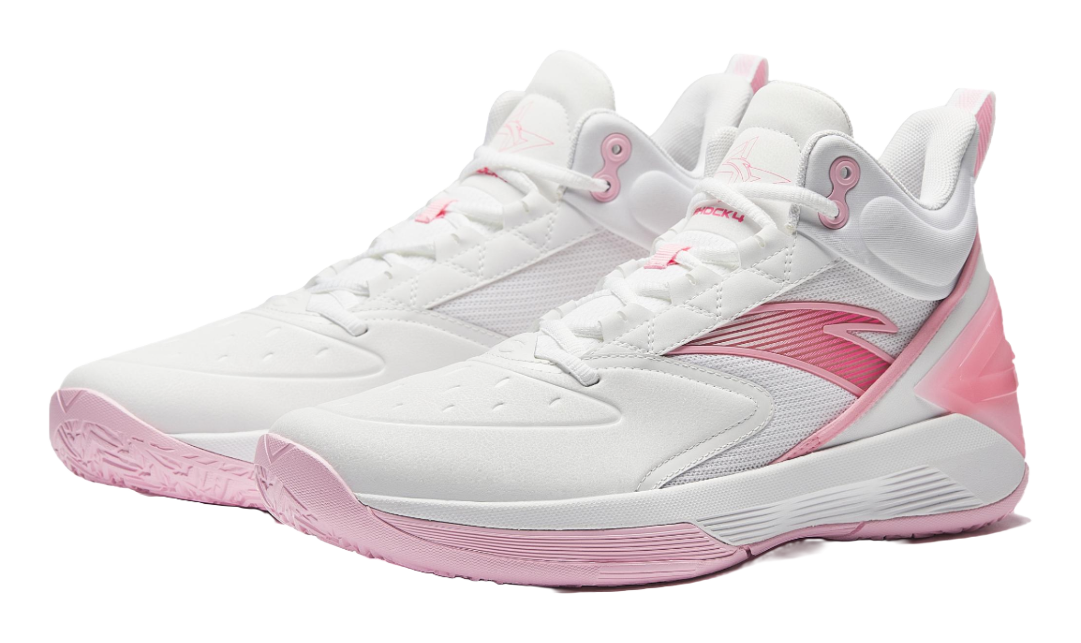 Pair of white and pink high-top basketball shoes with lace-up eyelets and rubber sole