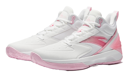 Pair of white and pink high-top basketball shoes with lace-up eyelets and rubber sole