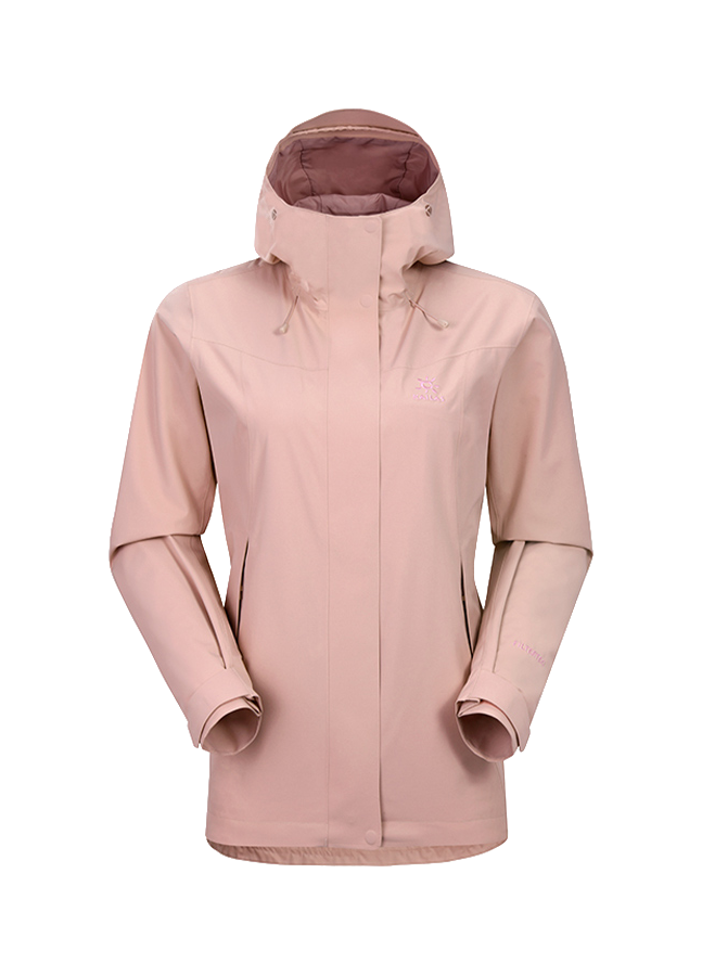 Women's dusty pink windbreaker jacket with adjustable hood, zip front, and side pockets.