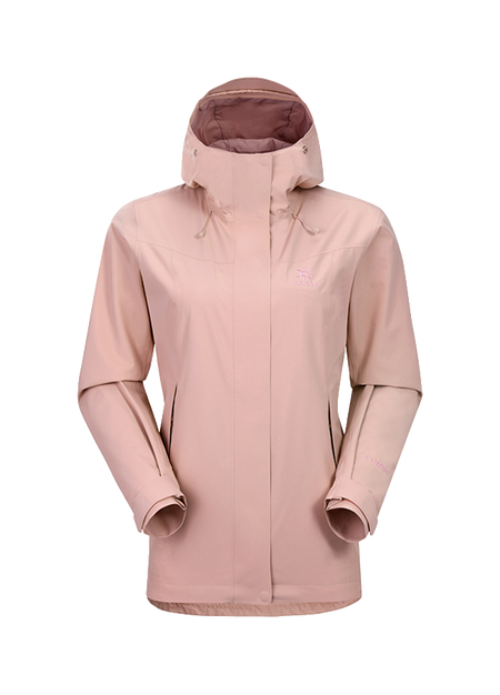 Women's dusty pink windbreaker jacket with adjustable hood, zip front, and side pockets.