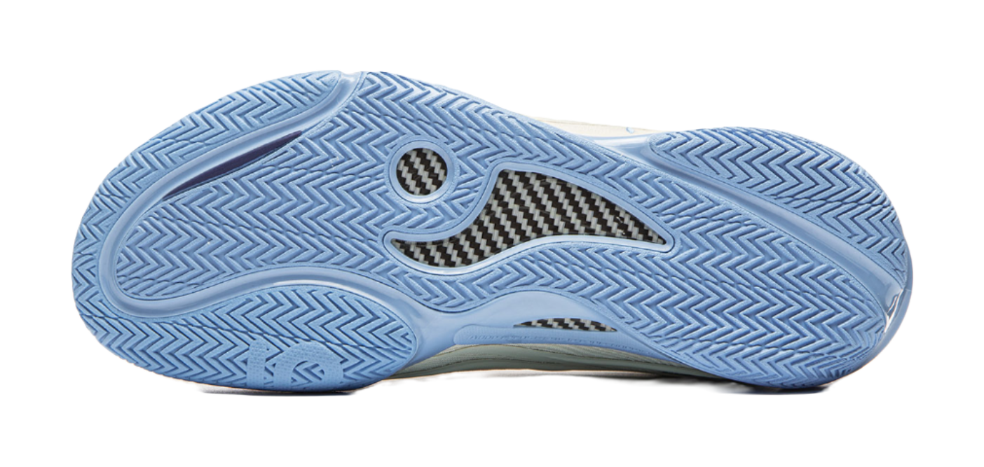 Unisex basketball shoe outsole in light blue with herringbone traction pattern.