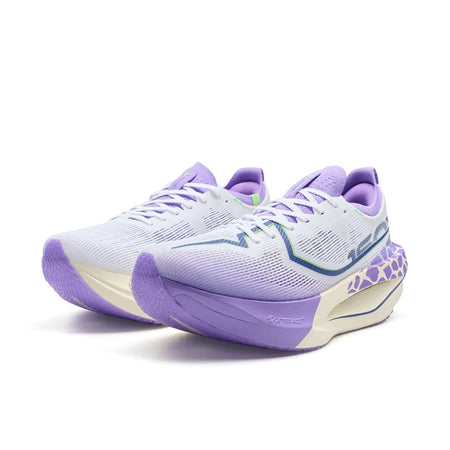 Women’s running shoes pair, white upper with purple soles and speckled side panel