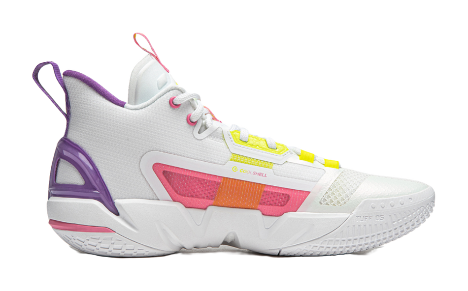 White basketball shoe with neon yellow laces, pink-orange side panel, purple heel