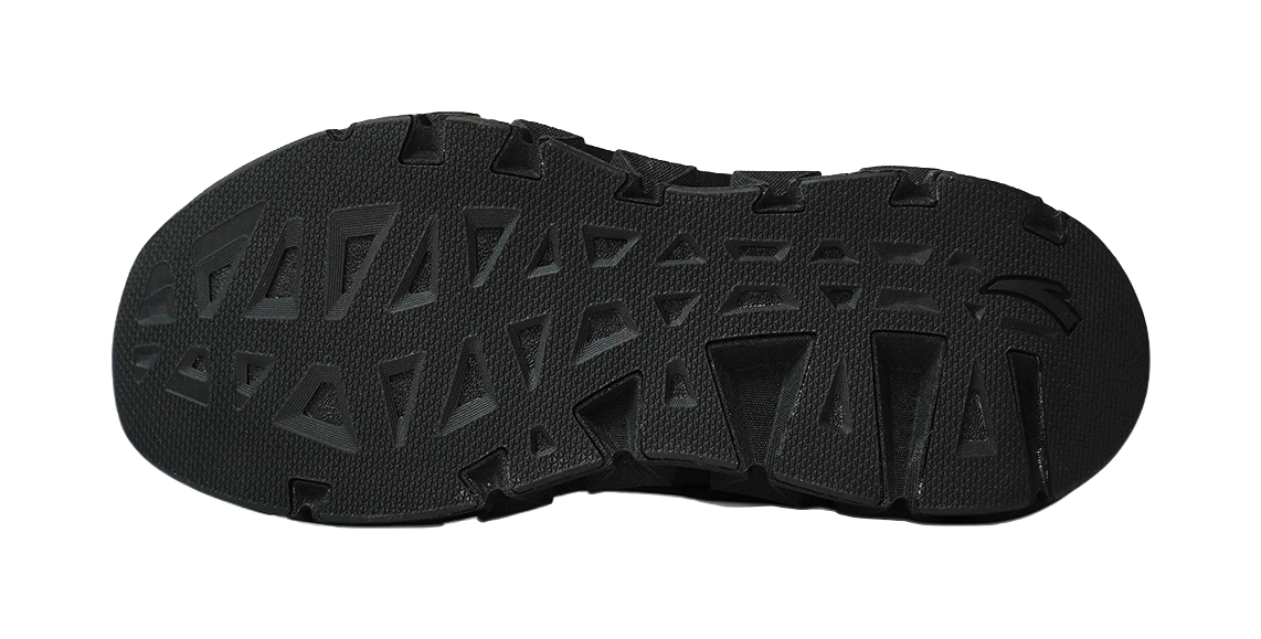 Men's running shoe outsole, black tread pattern for grip and traction.